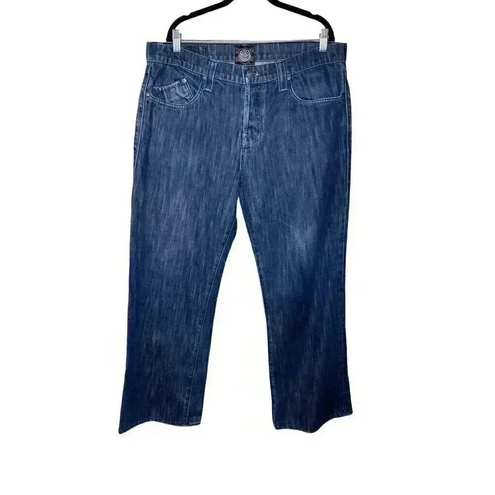 Rock and Republic Taylor Button Fly Jeans 38x28 Bootcut Blue Embroidered Wings